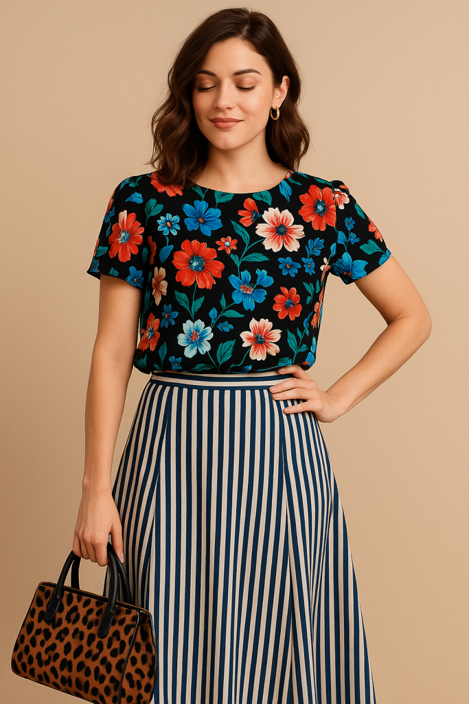 Mujer joven con cabello castaño ondulado, usando una blusa de fondo negro con estampado de flores grandes en tonos rojo, azul y beige, y falda larga de rayas verticales en azul marino y blanco. Lleva aretes dorados tipo argolla y sostiene un bolso pequeño color marrón con estampado de leopardo y asas negras. La combinación mezcla varios estampados llamativos. La mujer luce con expresión serena y ojos cerrados, y está de pie frente a un fondo liso color beige claro.