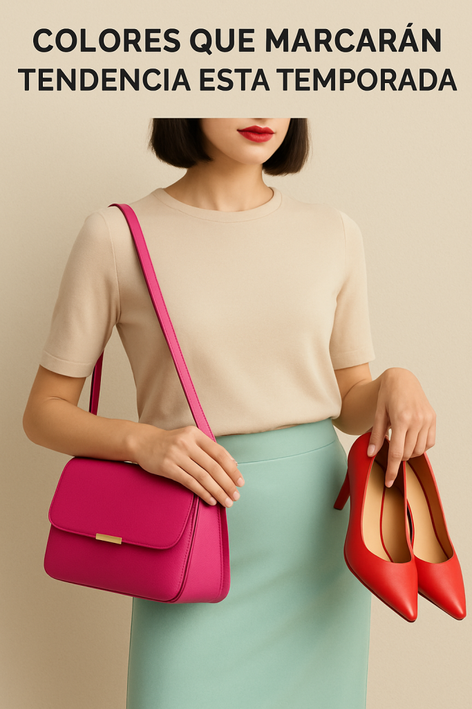 “Fotografía que muestra a una mujer con una combinación llamativa de colores. Lleva una blusa beige suave, una falda verde menta y sostiene una bolsa rosa fuerte junto con unos tacones rojos. La toma está enfocada en el cuerpo, sin mostrar el rostro completo, resaltando exclusivamente la mezcla de tonos vibrantes. En la parte superior aparece el texto ‘Colores que marcarán tendencia esta temporada’. La imagen destaca cómo los colores intensos pueden ser protagonistas en un outfit.”
