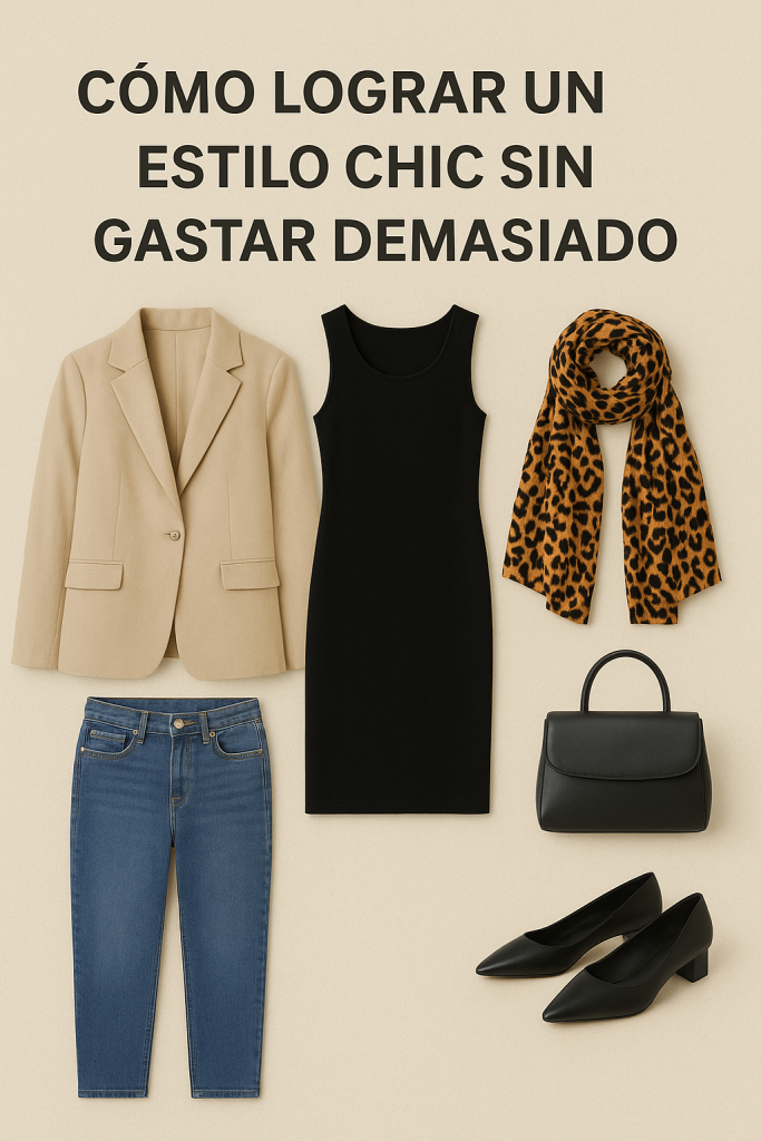 “Composición visual con varias prendas acomodadas sobre fondo claro. Incluye un blazer beige, un vestido negro sin mangas, una mascada con estampado animal, una bolsa negra estructurada, unos jeans azules y unos zapatos negros de tacón bajo. En la parte superior está el texto ‘Cómo lograr un estilo chic sin gastar demasiado’. La imagen transmite la idea de que con pocas prendas básicas y bien combinadas se puede lograr un outfit elegante sin invertir demasiado.”