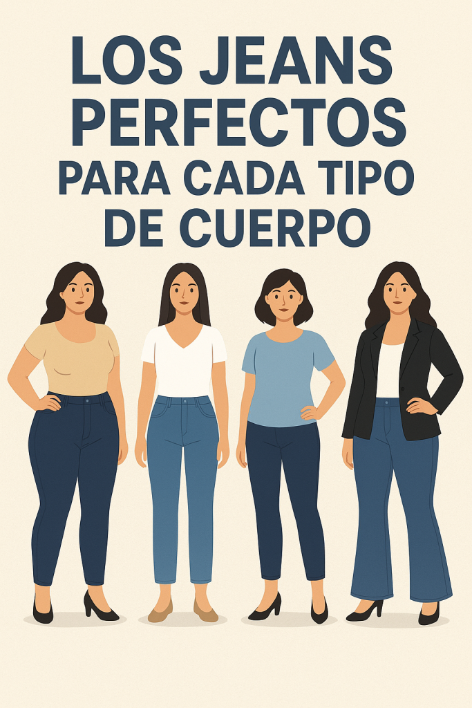 “Ilustración con cuatro mujeres de diferentes tipos de cuerpo usando distintos modelos de jeans. Cada una viste una blusa sencilla en tonos neutros y combina su estilo con diferentes cortes de pantalón. El fondo es beige y en la parte superior aparece el texto ‘Los jeans perfectos para cada tipo de cuerpo’. La imagen representa la diversidad y muestra que hay un tipo de jean adecuado para cada figura, transmitiendo inclusión y variedad en las opciones.