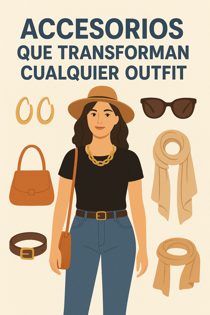“Ilustración en estilo plano donde aparece una mujer con cabello suelto, sombrero beige, blusa negra y jeans azules. A su alrededor se muestran distintos accesorios: aretes dorados, un bolso café, cinturón, lentes oscuros y dos bufandas en tonos neutros. El fondo es claro y en la parte superior está el título ‘Accesorios que transforman cualquier outfit’. La imagen resalta la importancia de los accesorios en un look y muestra de manera visual cómo pequeñas piezas pueden elevar un conjunto básico.”