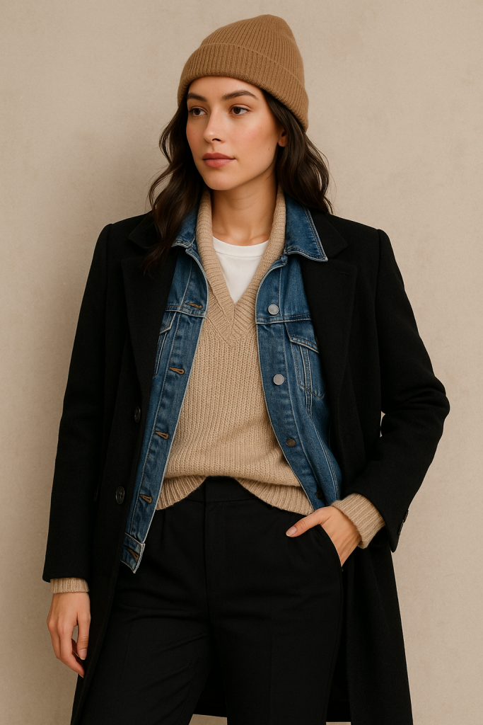 “Fotografía de una mujer con un look de invierno formado por varias capas. Lleva un gorro tejido color camel, debajo una camiseta blanca, un suéter beige de punto, una chamarra de mezclilla azul y encima un abrigo largo negro. Su expresión es seria y relajada, mirando hacia un lado con una mano dentro del bolsillo del pantalón negro. El conjunto muestra cómo combinar diferentes texturas y prendas para crear un estilo moderno y práctico para el clima frío, demostrando que vestir en capas puede verse elegante y equilibrado.”