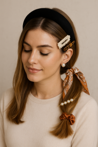“Fotografía de una mujer joven con un estilo muy delicado y femenino. Lleva una diadema ancha en color negro que cubre la parte superior de su cabeza y, del lado derecho, varias pinzas decorativas de perlas junto con una pinza tipo carey. Su cabello está peinado hacia un lado, adornado con una mascada naranja con estampado, que envuelve una coleta baja. También lleva un scrunchie satinado color terracota y un broche con perlas en la parte baja del peinado. Su suéter beige combina con el estilo suave de todo el look. La imagen transmite una sensación de elegancia sencilla y muestra cómo los accesorios para el cabello pueden transformar un peinado básico.”
